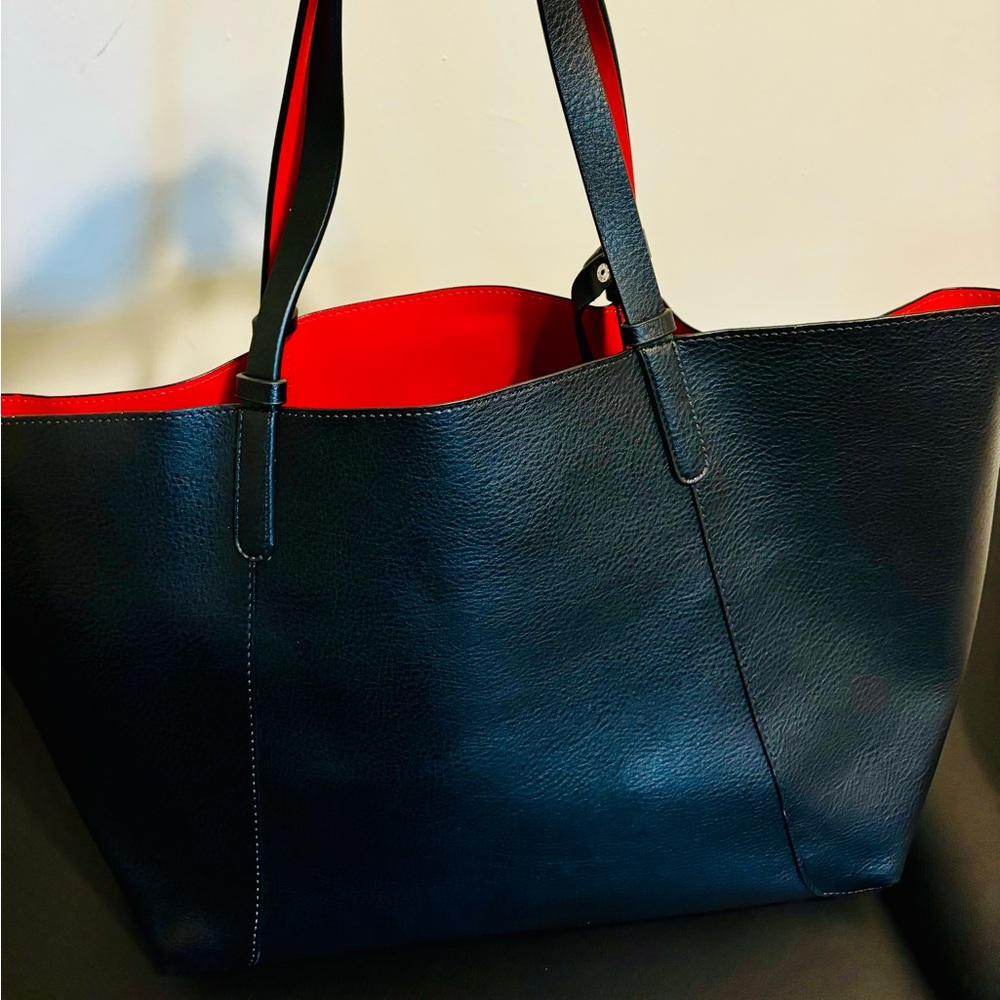 ZARA Black and Red Reversible Tote with Zip Pouch